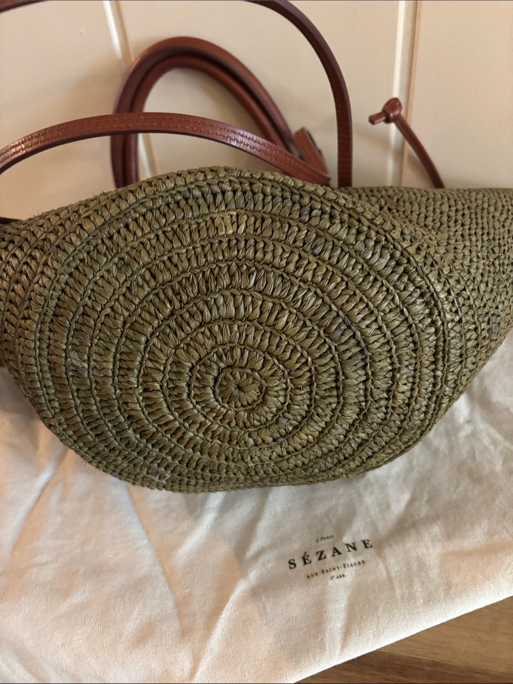 Sezane Justine Raffia Basket Bag Olive Green - Picture 5 of 5